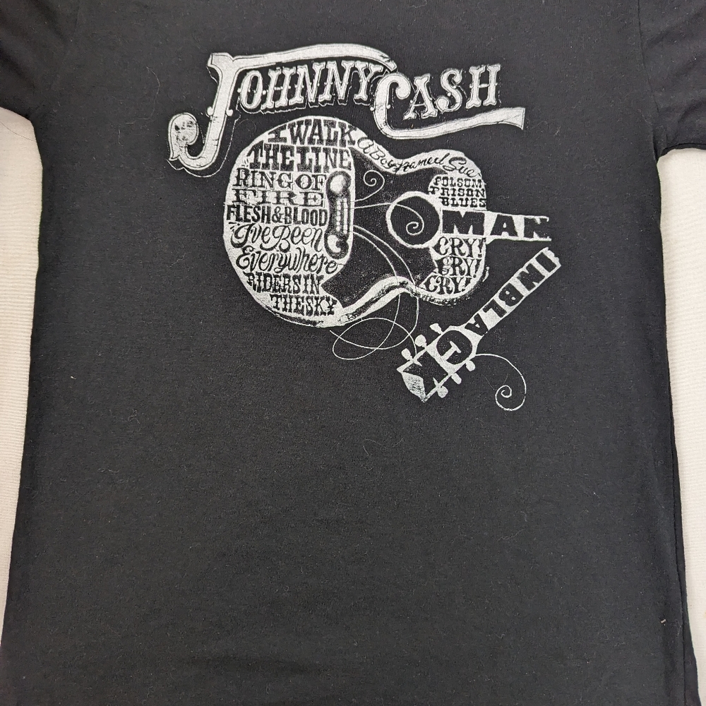 Johnny Cash Tee Featuring Some of His Greatest Songs Written on a Guitar Small